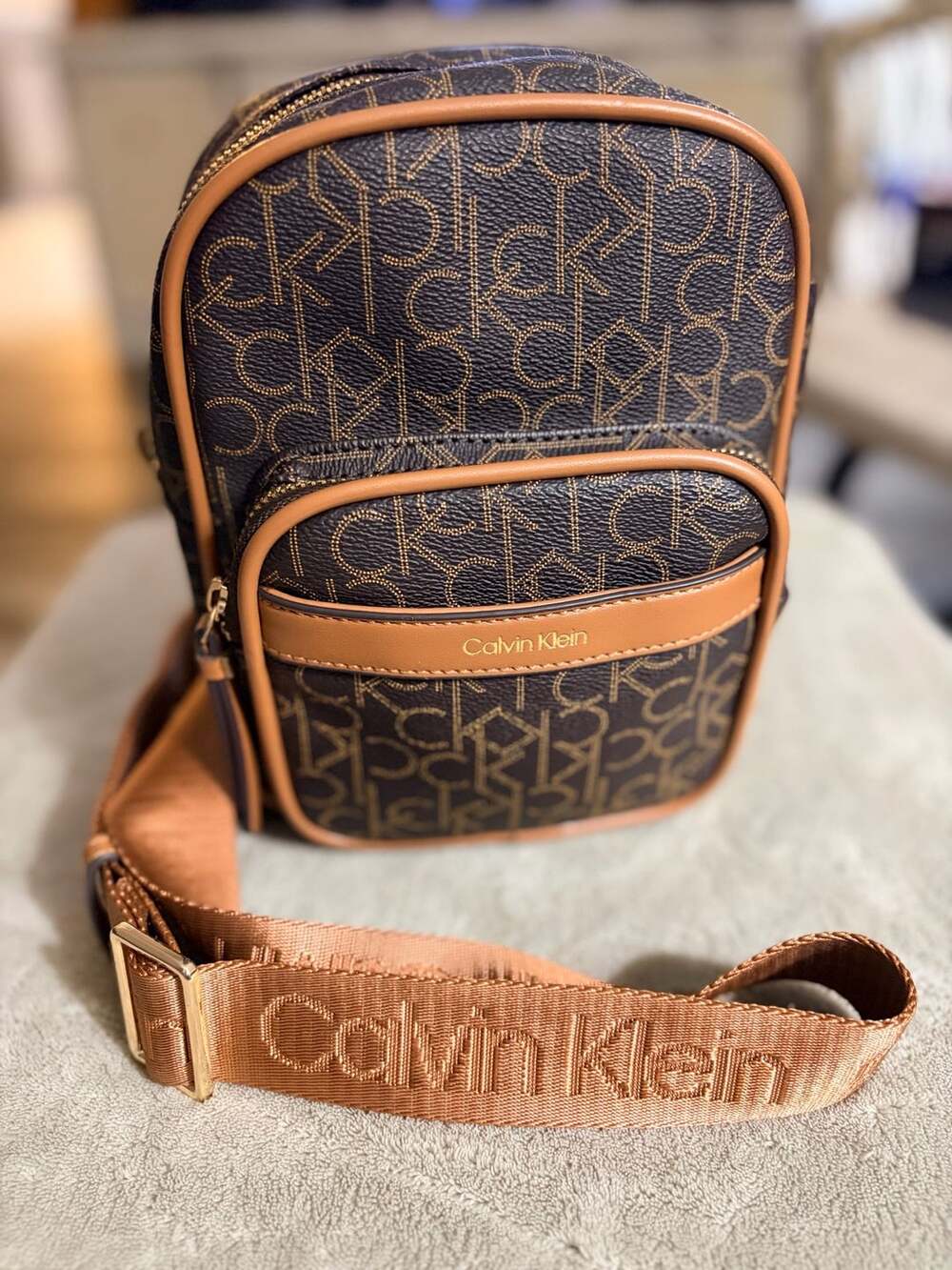Calvin Klein Monogram Sling Backpack Brown Logo